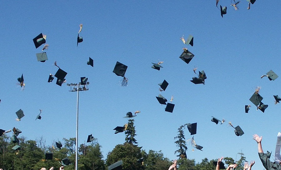 graduates tossing caps